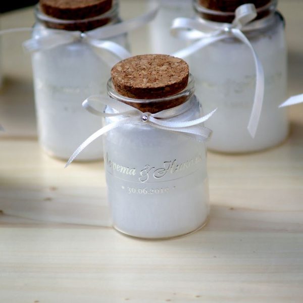 Свещи сватбени подаръчета за гости с 3D сребърен надпис